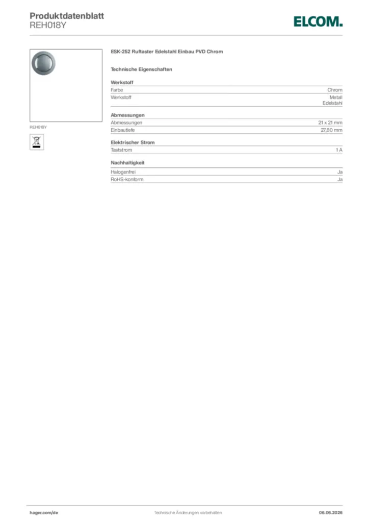 Bild Elcom Produktdatenblatt REH018Y | Hager Deutschland