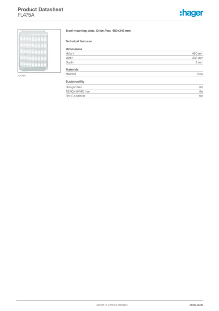 Image Hager Product data sheet FL475A  | Hager Africa