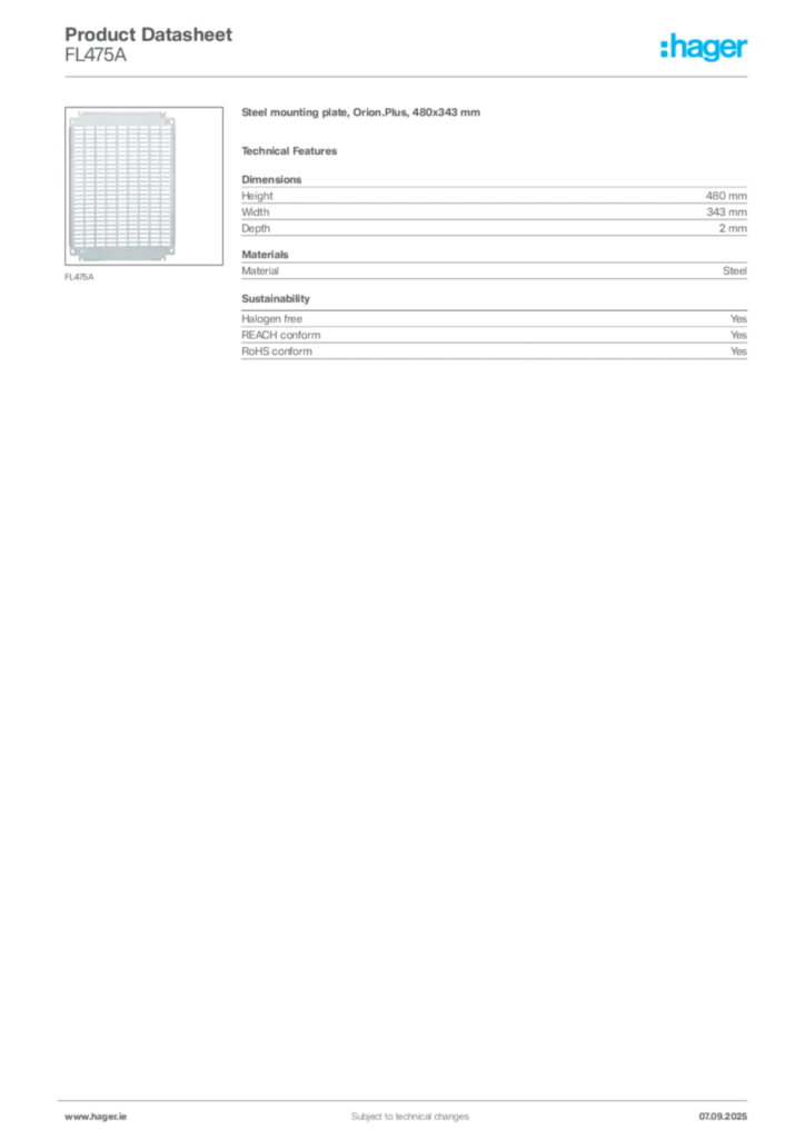 Image Hager Product data sheet FL475A  | Hager