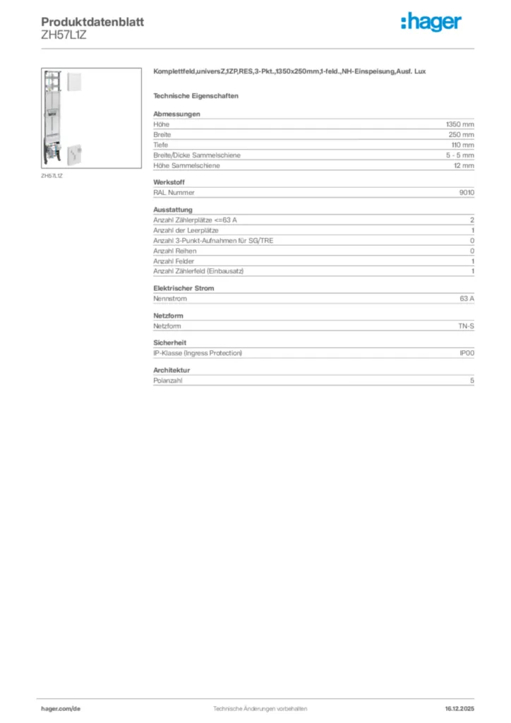 Bild Hager Produktdatenblatt ZH57L1Z | Hager Deutschland