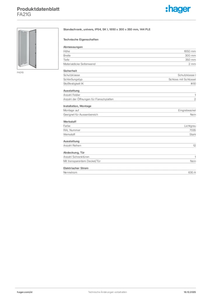 Bild Hager Produktdatenblatt FA21G | Hager Deutschland