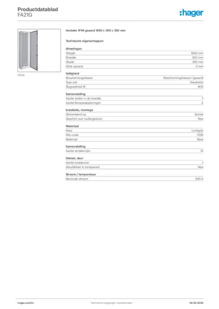 Afbeelding Hager Productdatablad FA21G | Hager Nederland