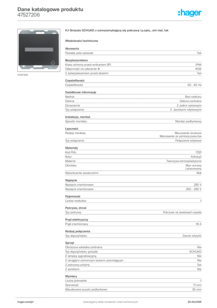 Zdjęcie Hager Karta katalogowa 47527206 | Hager Polska