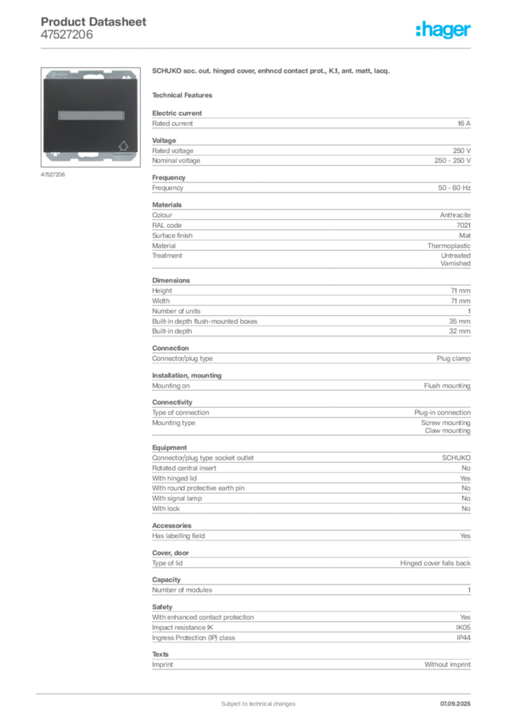 Image Hager Product data sheet 47527206  | Hager