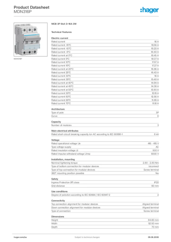 Image Hager Product data sheet MDN316P  | Hager Australia