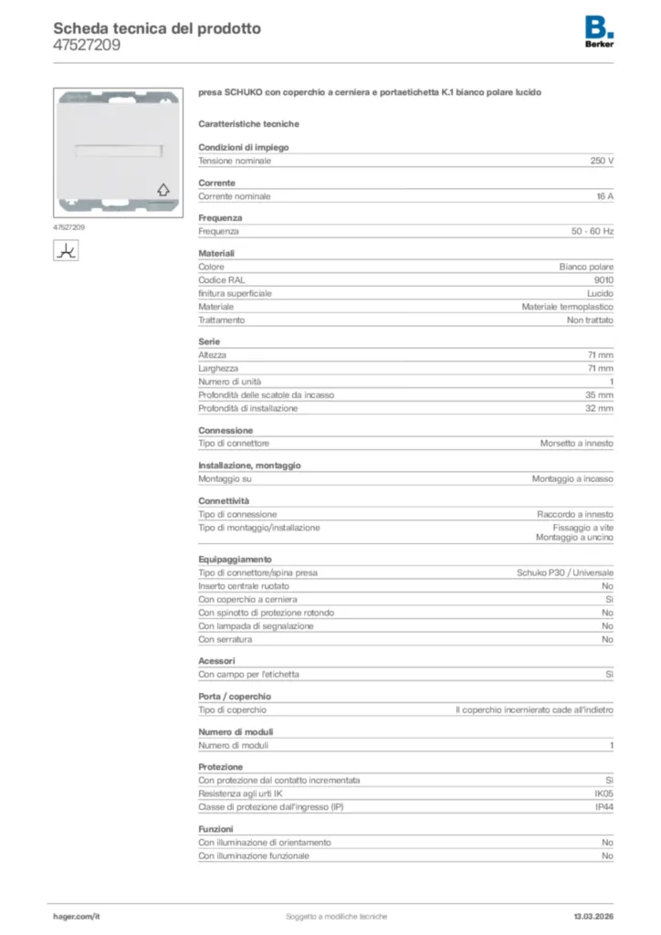 Immagine Berker Scheda tecnica del prodotto 47527209 | Hager Italia