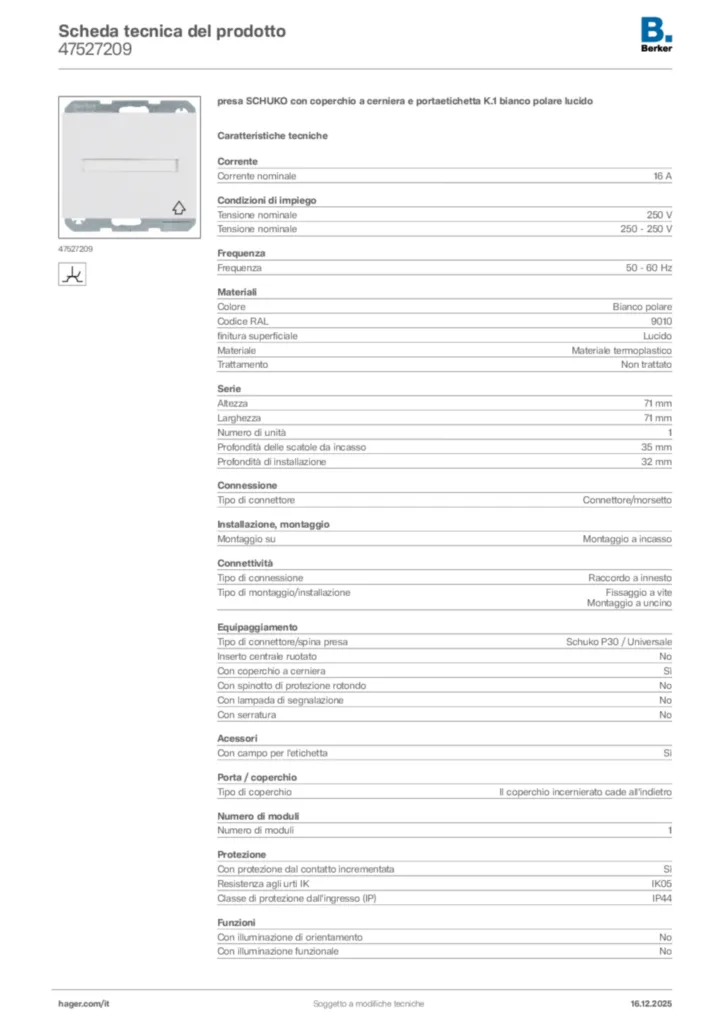 Immagine Berker Scheda tecnica del prodotto 47527209 | Hager Italia