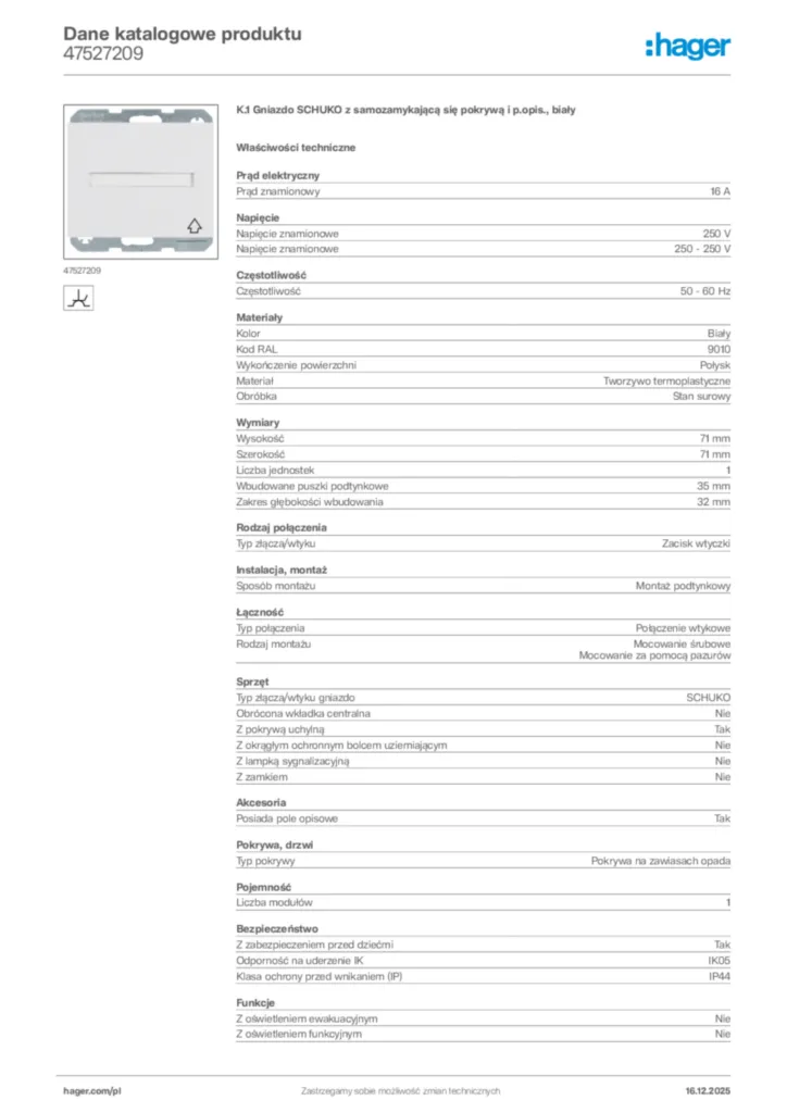 Zdjęcie Hager Karta katalogowa 47527209 | Hager Polska