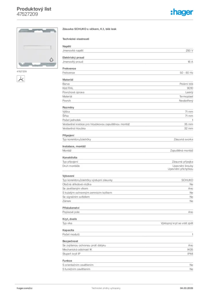 Obrázek Hager Product data sheet 47527209 | Hager