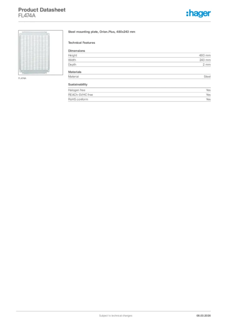 Image Hager Product data sheet FL474A  | Hager Africa