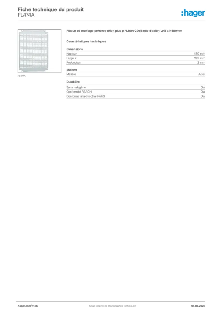 Image Hager Fiche technique du produit FL474A | Hager Suisse