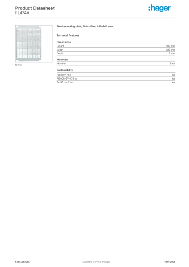 Image Hager Product data sheet FL474A  | Hager