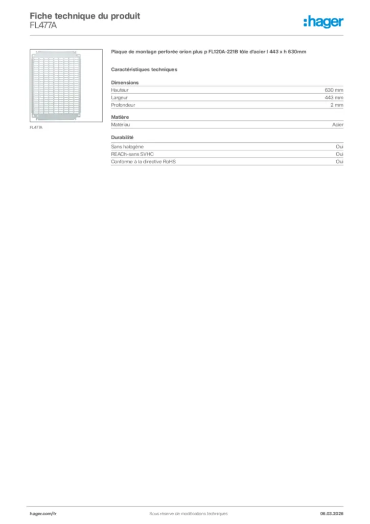 Image Hager Fiche technique du produit FL477A | Hager France