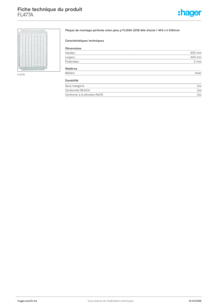 Image Hager Fiche technique du produit FL477A | Hager Belgique