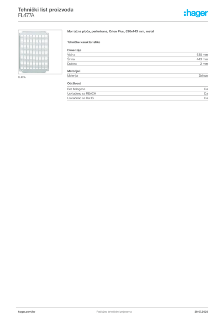 Slika Hager Product data sheet FL477A  | Hager