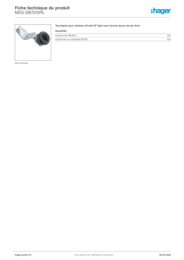Image Hager Fiche technique du produit MES-DB3VSRL | Hager Suisse