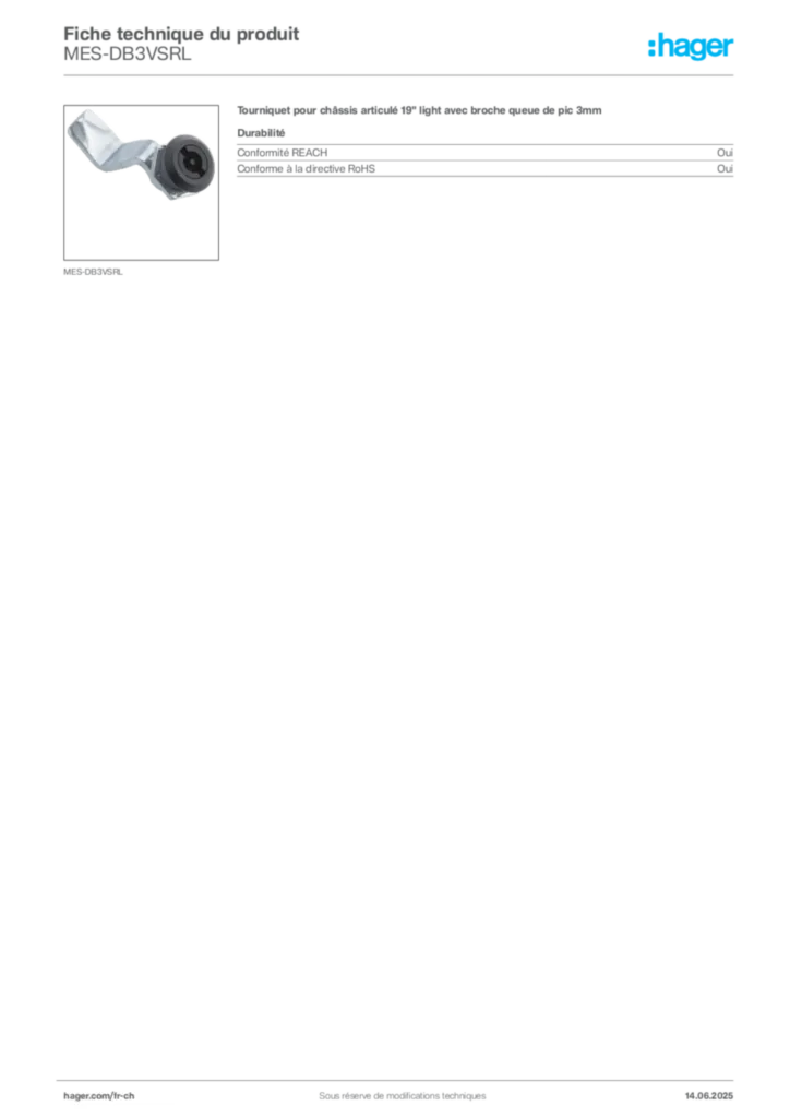 Image Hager Fiche technique du produit MES-DB3VSRL | Hager Suisse