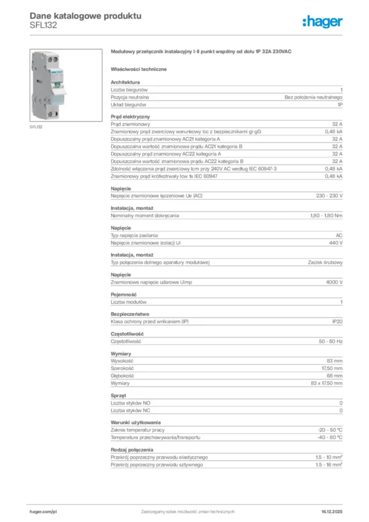 Zdjęcie Hager Karta katalogowa SFL132 | Hager Polska