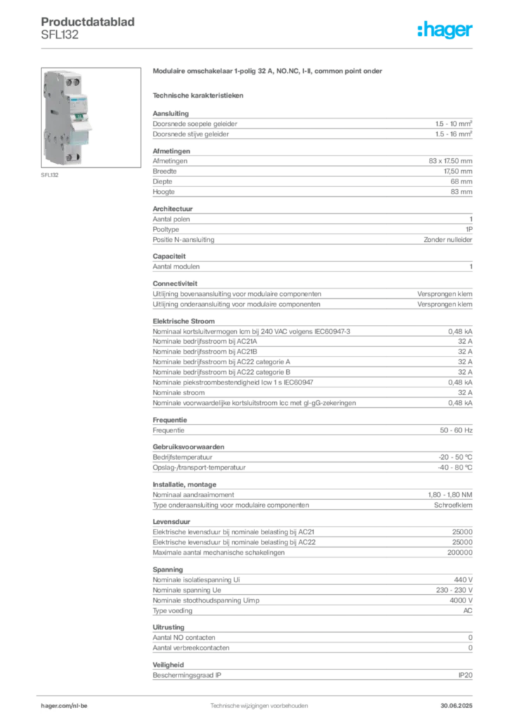Afbeelding Hager Productdatablad SFL132 | Hager Belgium