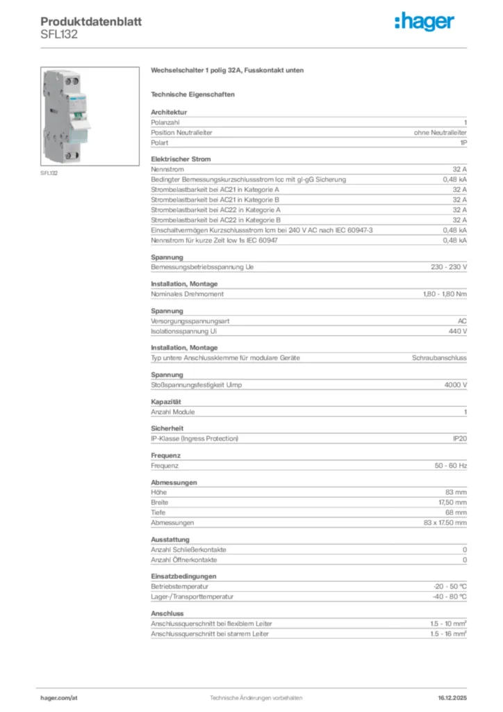 Bild Hager Produktdatenblatt SFL132 | Hager Deutschland