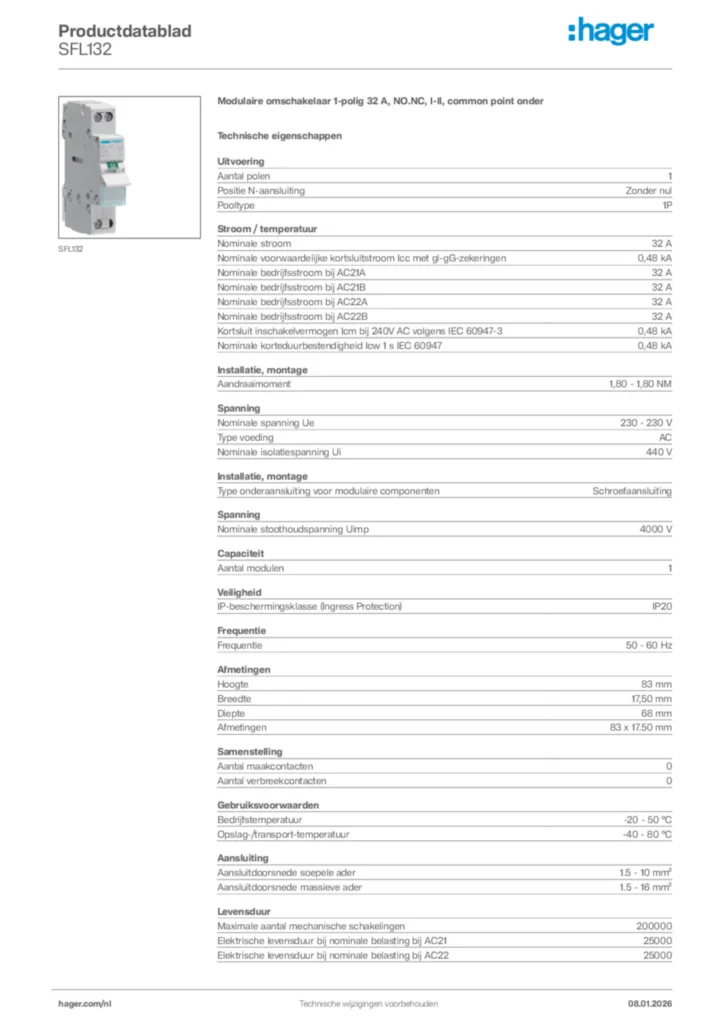 Afbeelding Hager Productdatablad SFL132 | Hager Nederland