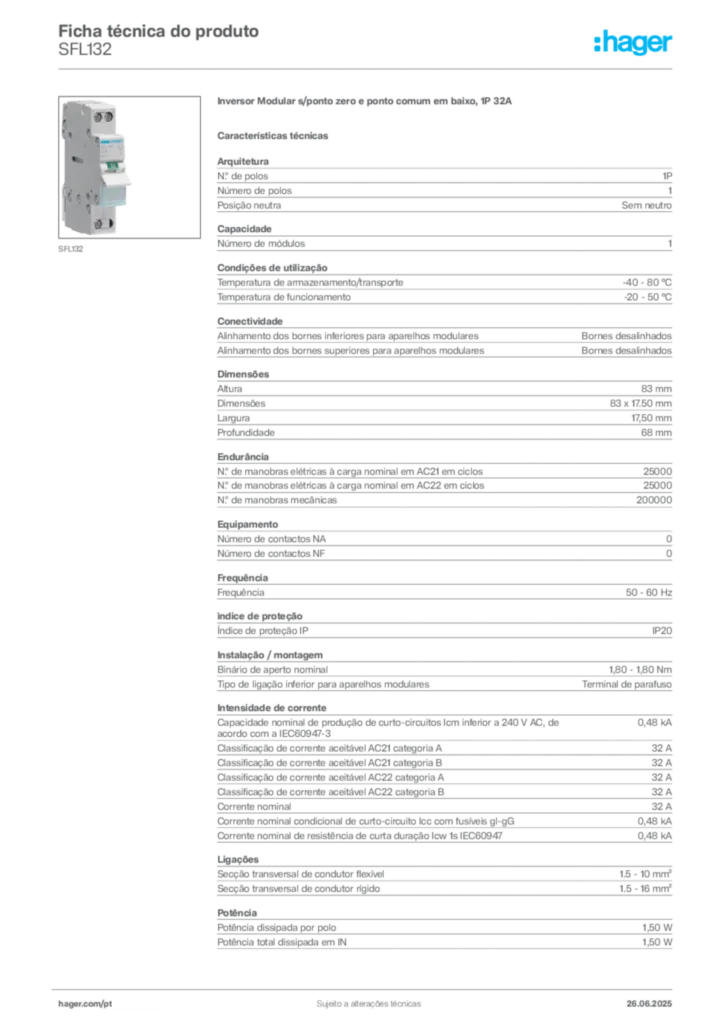 Imagem Hager Ficha técnica do produto SFL132 | Hager Portugal