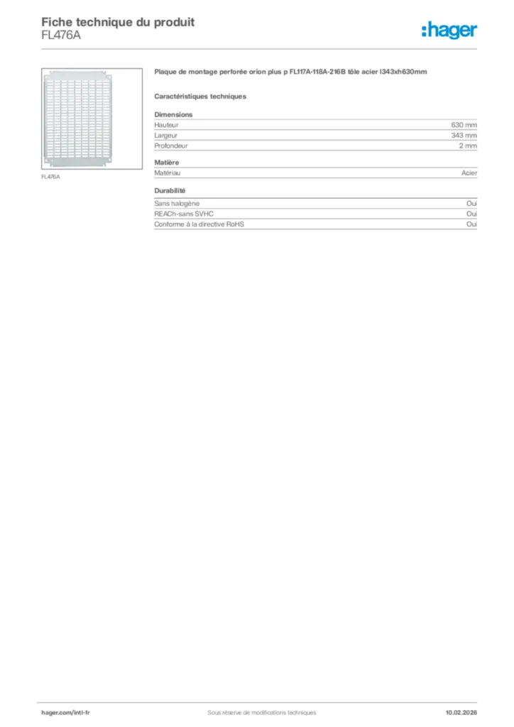 Image Hager Fiche technique du produit FL476A | Hager Afrique