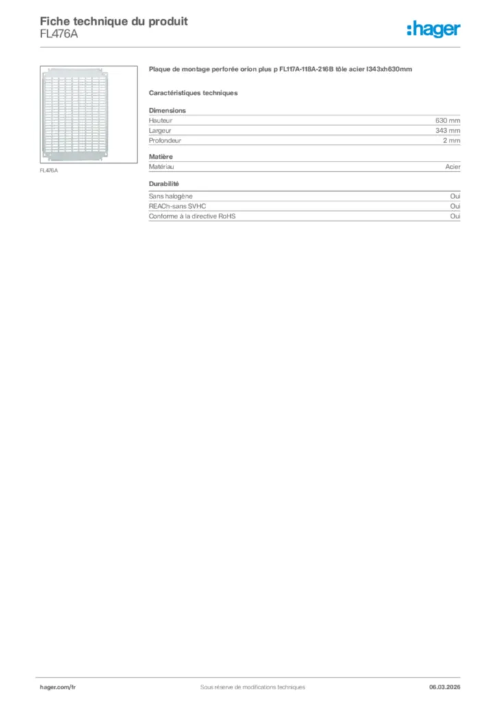 Image Hager Fiche technique du produit FL476A | Hager France
