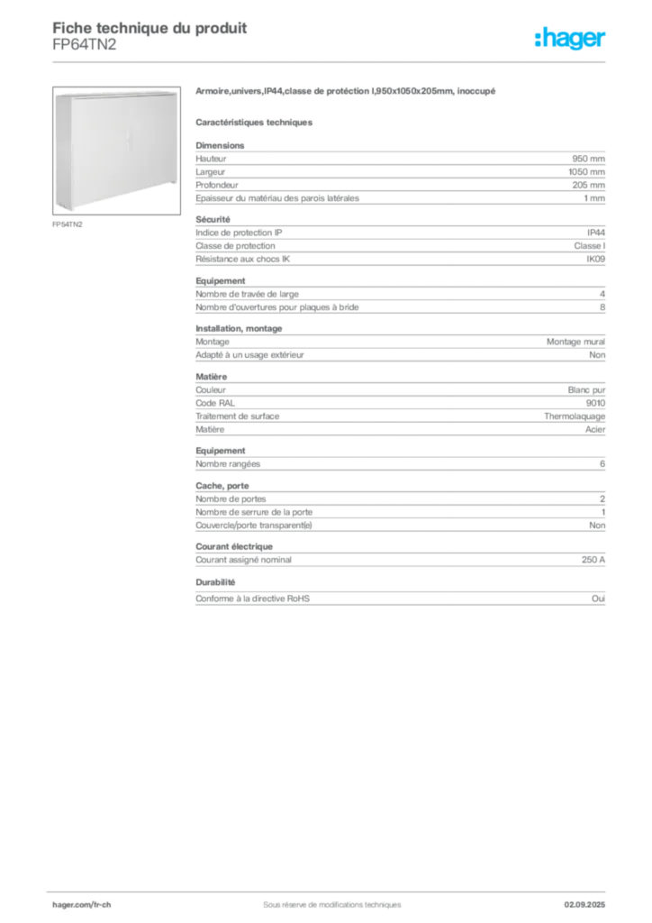 Image Hager Fiche technique du produit FP64TN2 | Hager Suisse