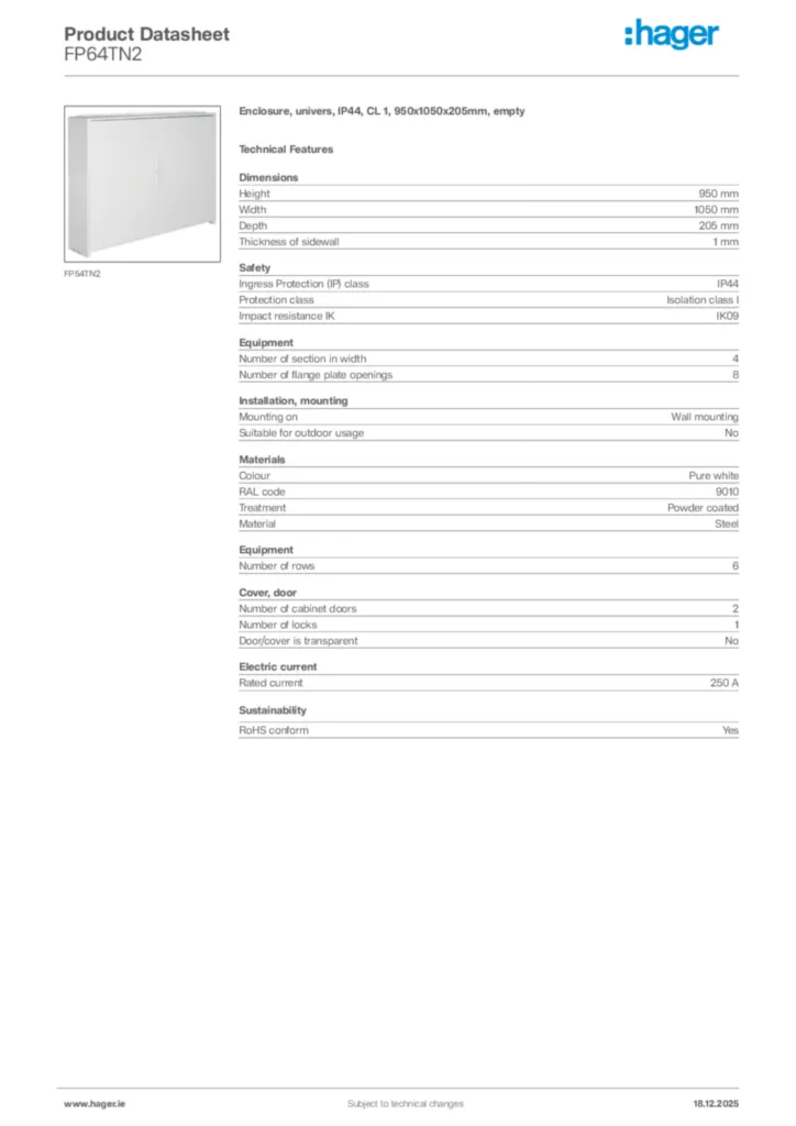 Image Hager Product data sheet FP64TN2  | Hager