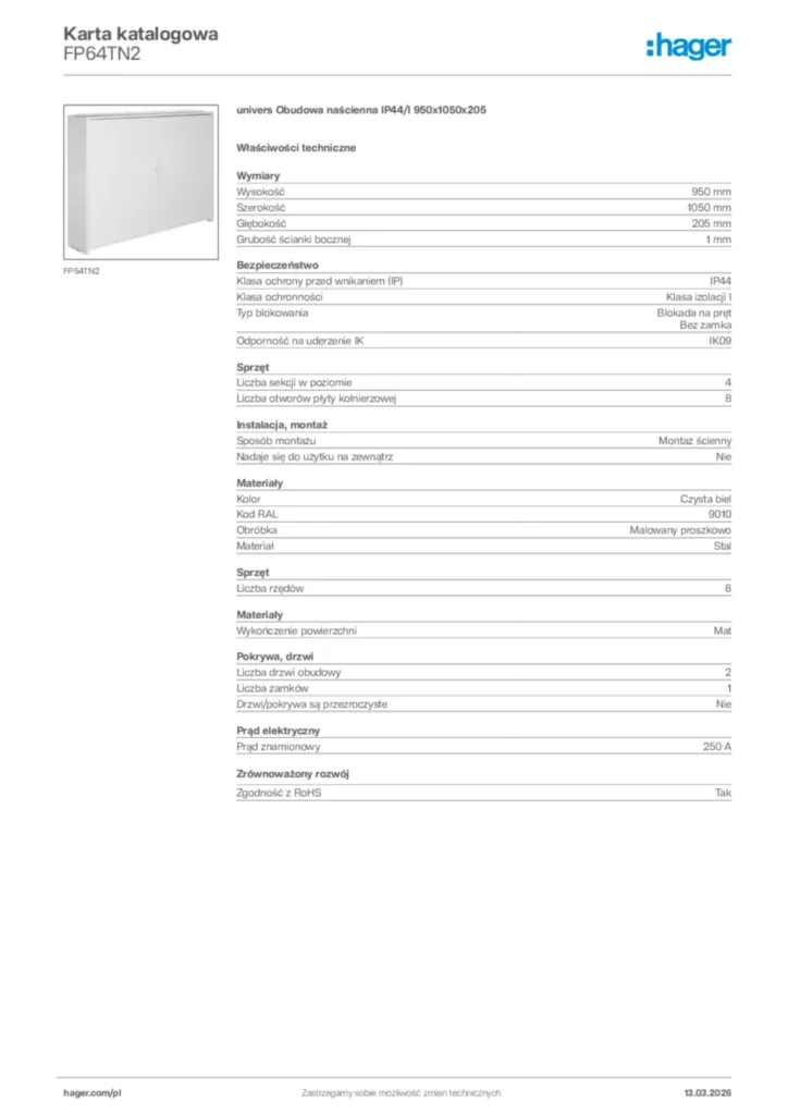 Zdjęcie Hager Karta katalogowa FP64TN2 | Hager Polska
