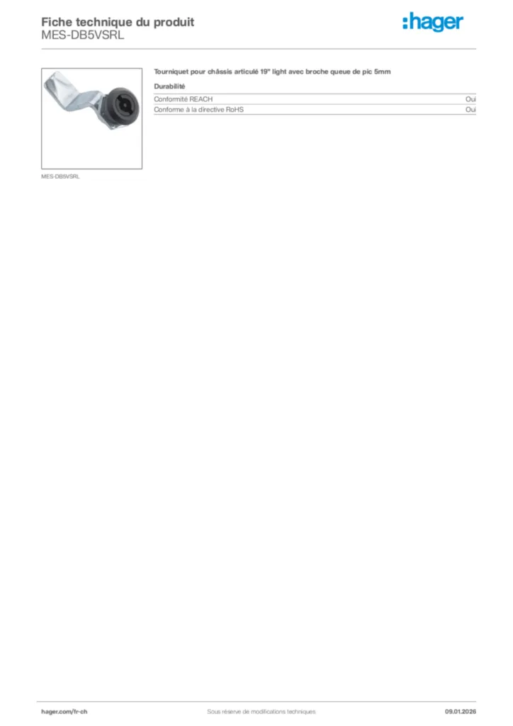 Image Hager Fiche technique du produit MES-DB5VSRL | Hager Suisse