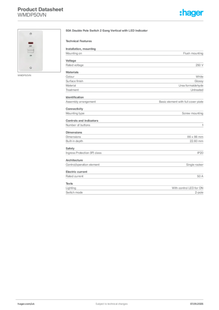 Image Hager Product data sheet WMDP50VN  | Hager