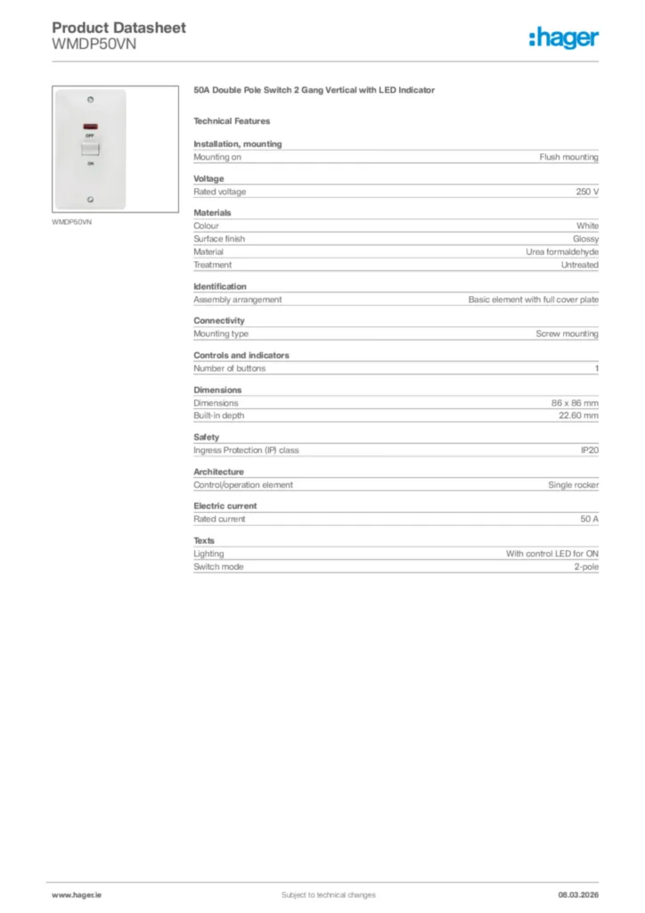 Image Hager Product data sheet WMDP50VN  | Hager