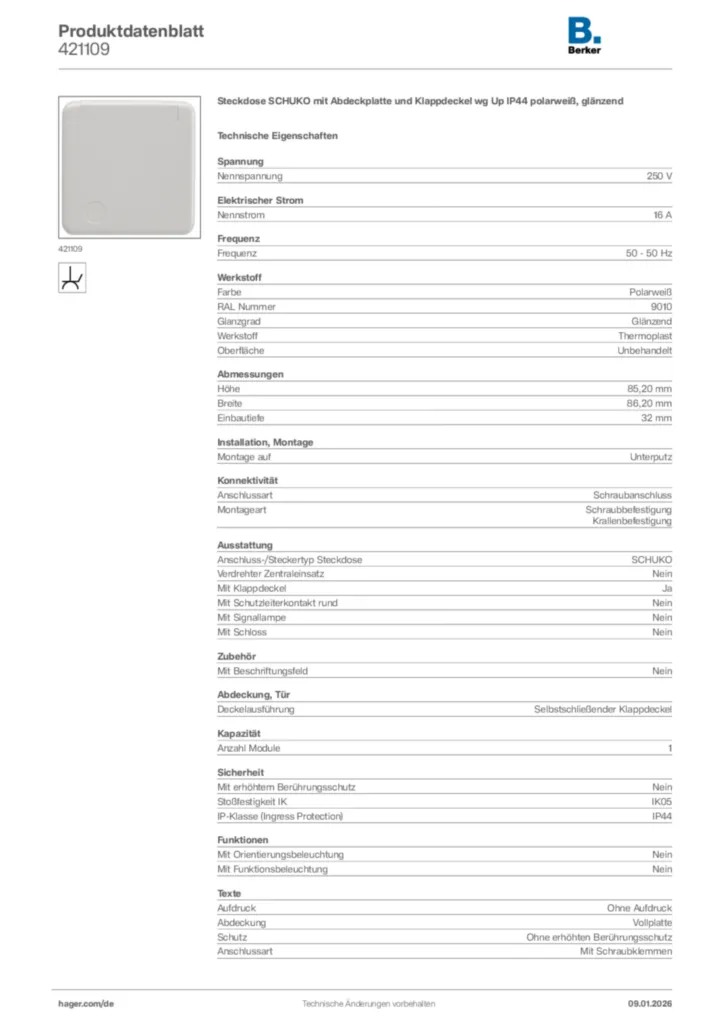 Bild Berker Produktdatenblatt 421109 | Hager Deutschland