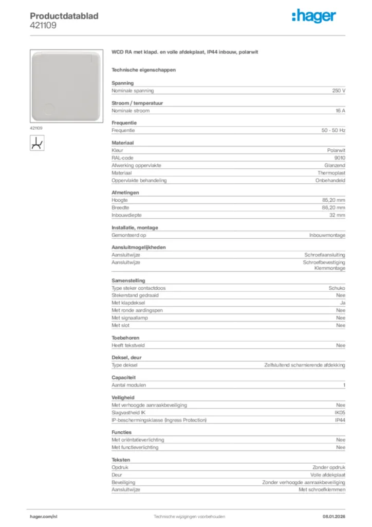 Afbeelding Hager Productdatablad 421109 | Hager Nederland