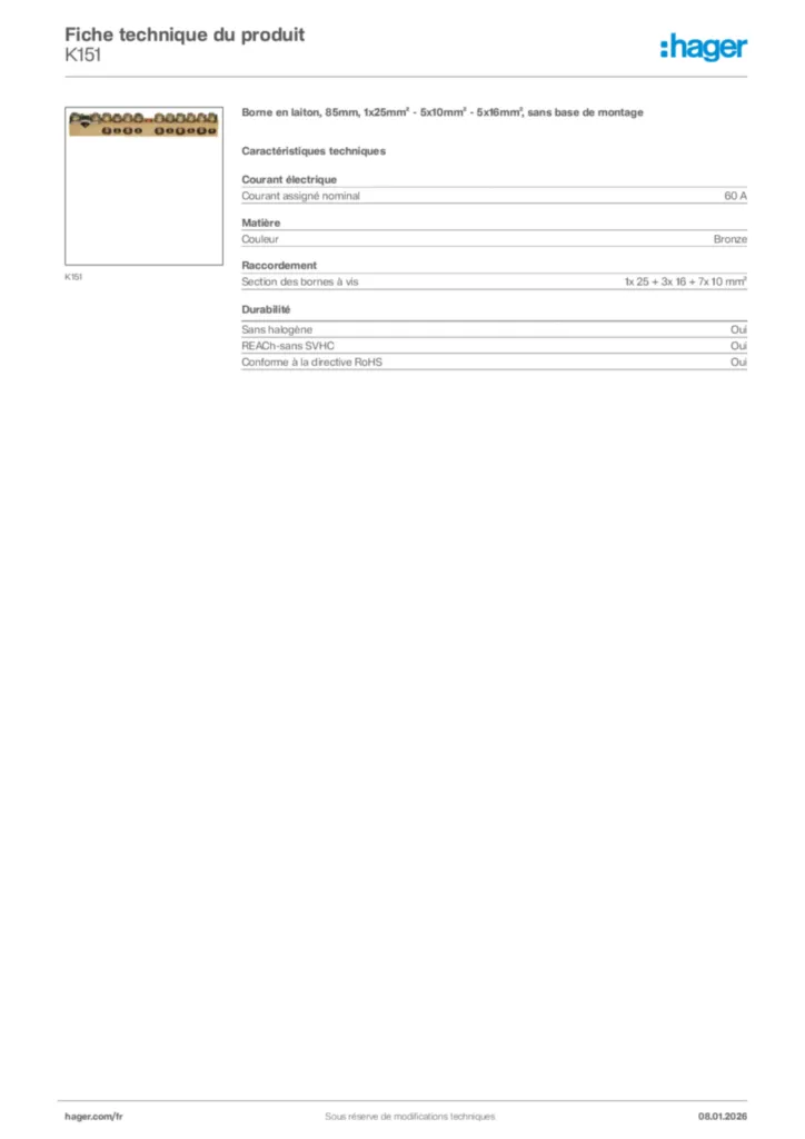 Image Hager Fiche technique du produit K151 | Hager France