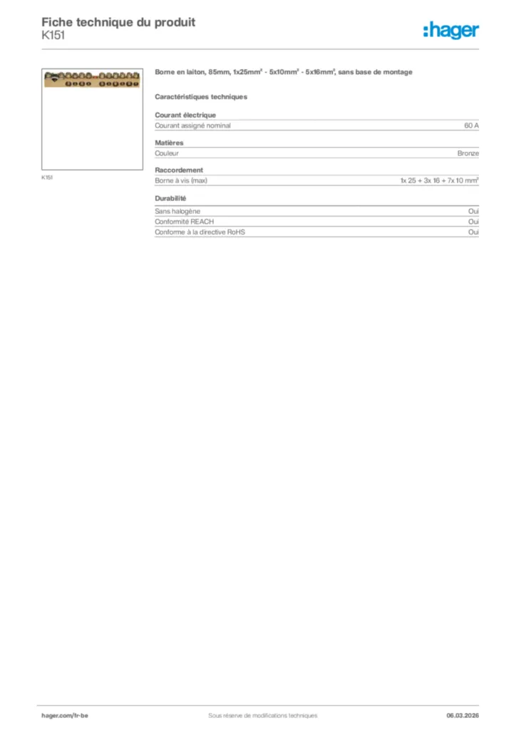 Image Hager Fiche technique du produit K151 | Hager Belgique