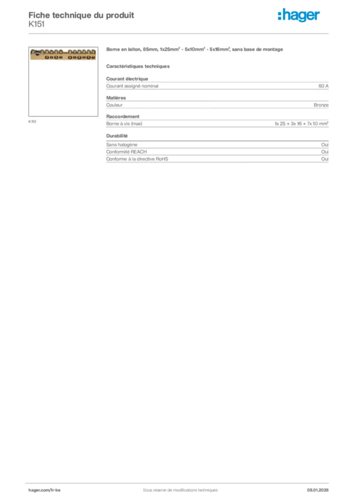 Image Hager Fiche technique du produit K151 | Hager Belgique