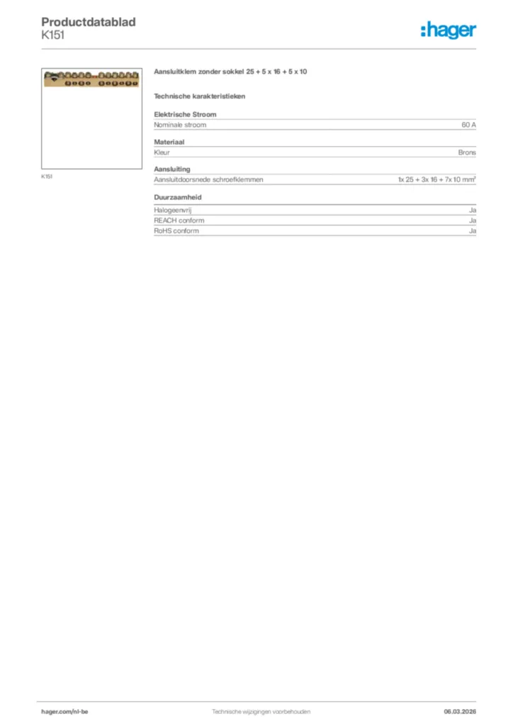 Afbeelding Hager Productdatablad K151 | Hager Belgium