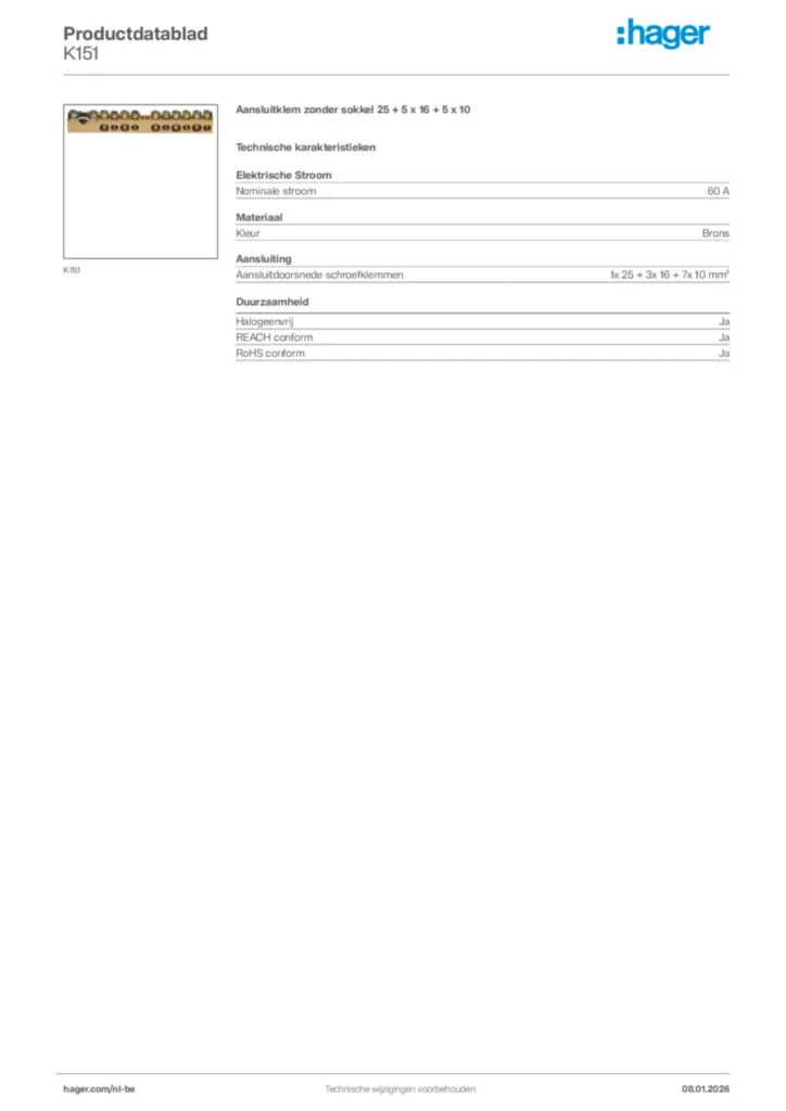 Afbeelding Hager Productdatablad K151 | Hager Belgium