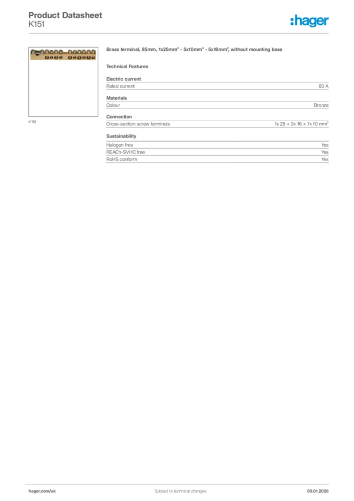 Image Hager Product data sheet K151  | Hager