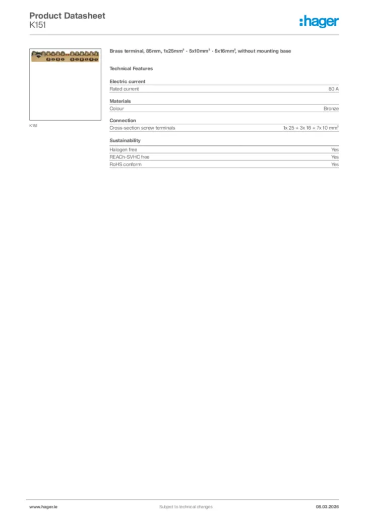 Image Hager Product data sheet K151  | Hager
