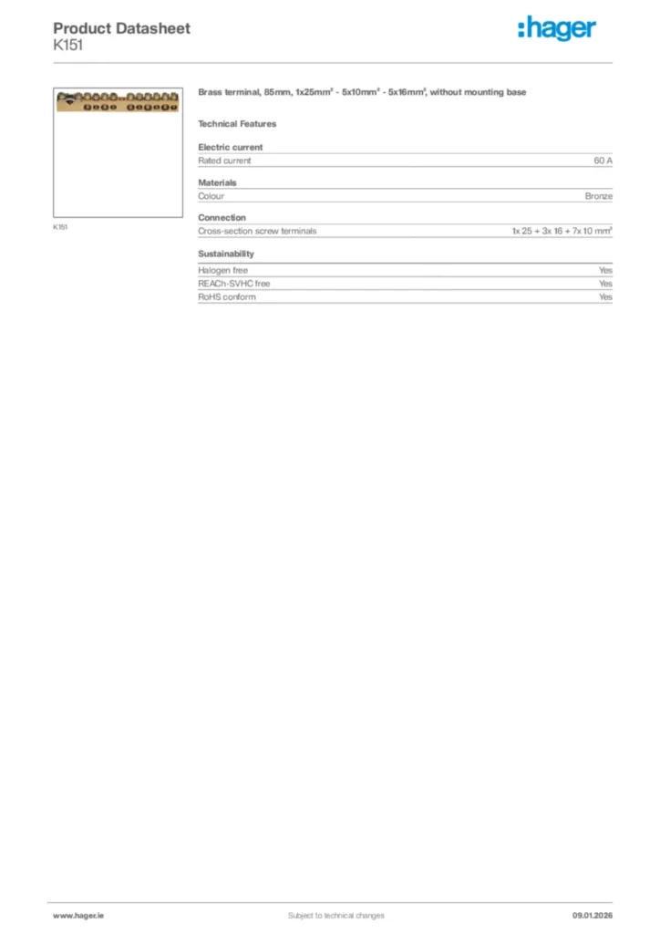 Image Hager Product data sheet K151  | Hager