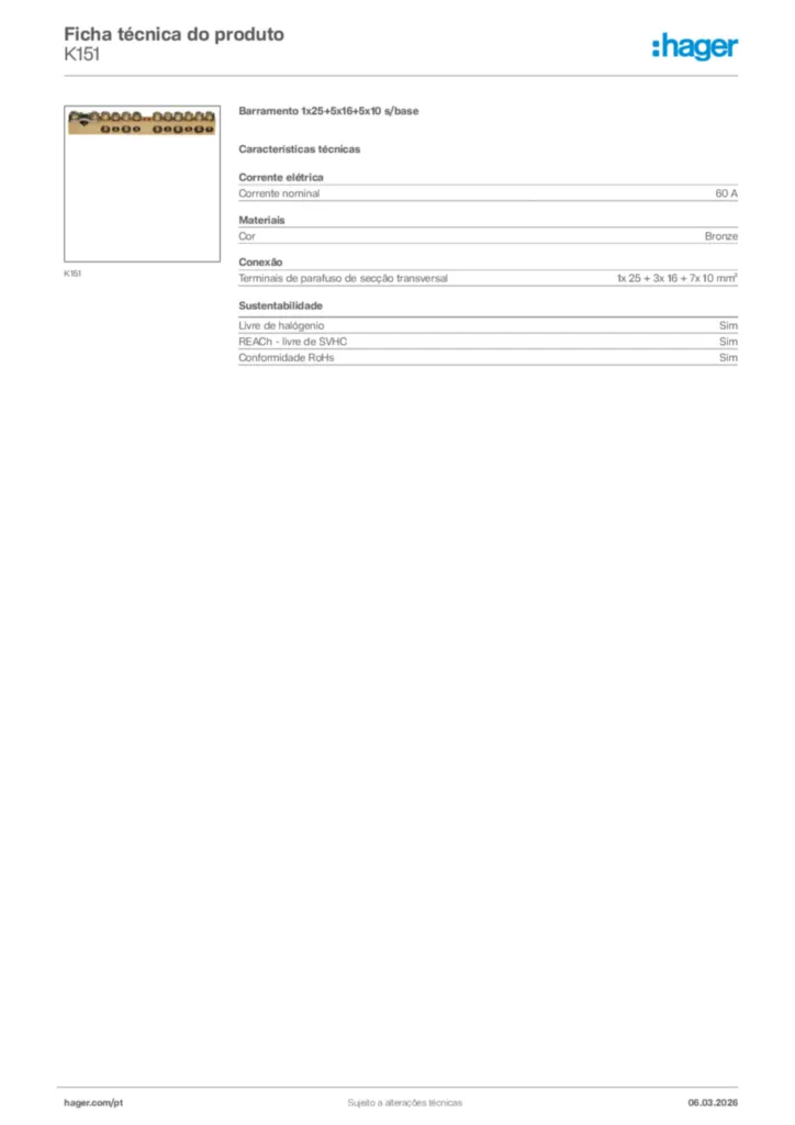 Imagem Hager Ficha técnica do produto K151 | Hager Portugal