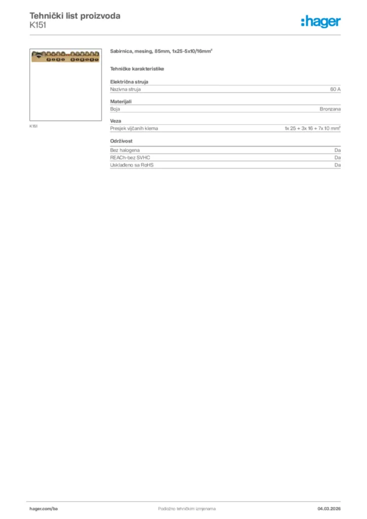 Slika Hager Tehnički list proizvoda K151  | Hager