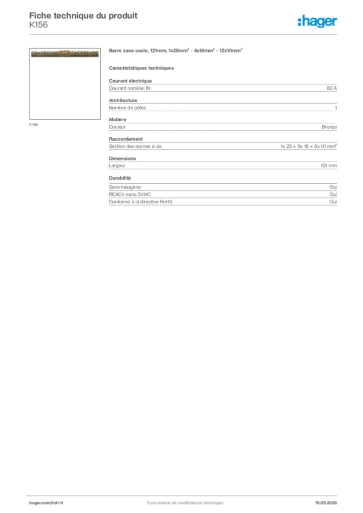 Image Hager Fiche technique du produit K156 | Hager Afrique