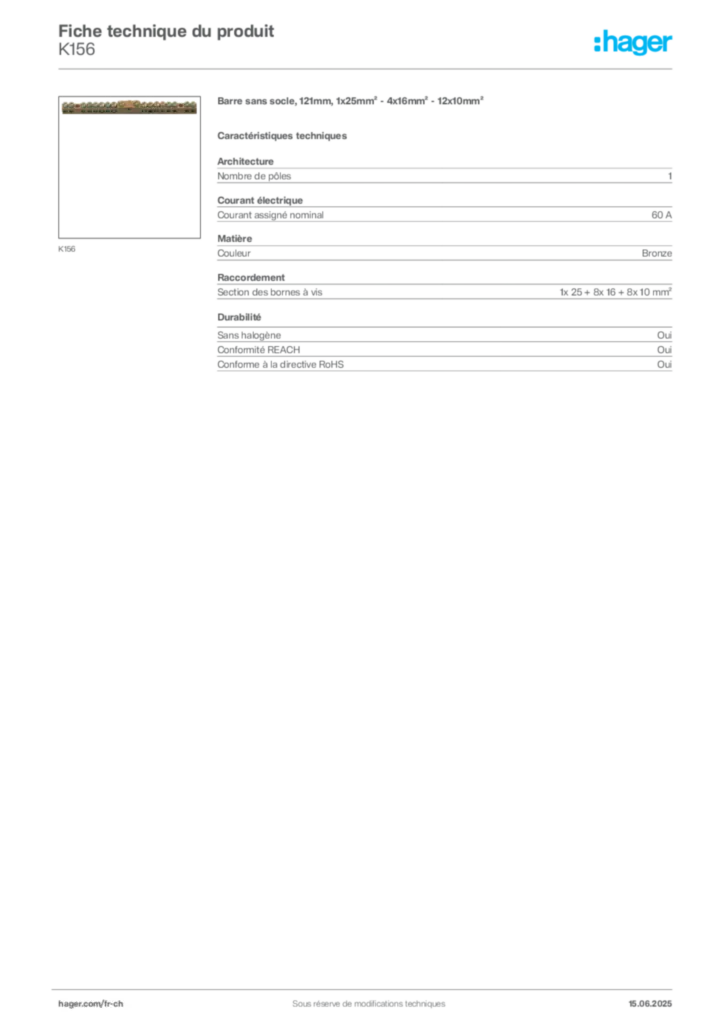 Image Hager Fiche technique du produit K156 | Hager Suisse