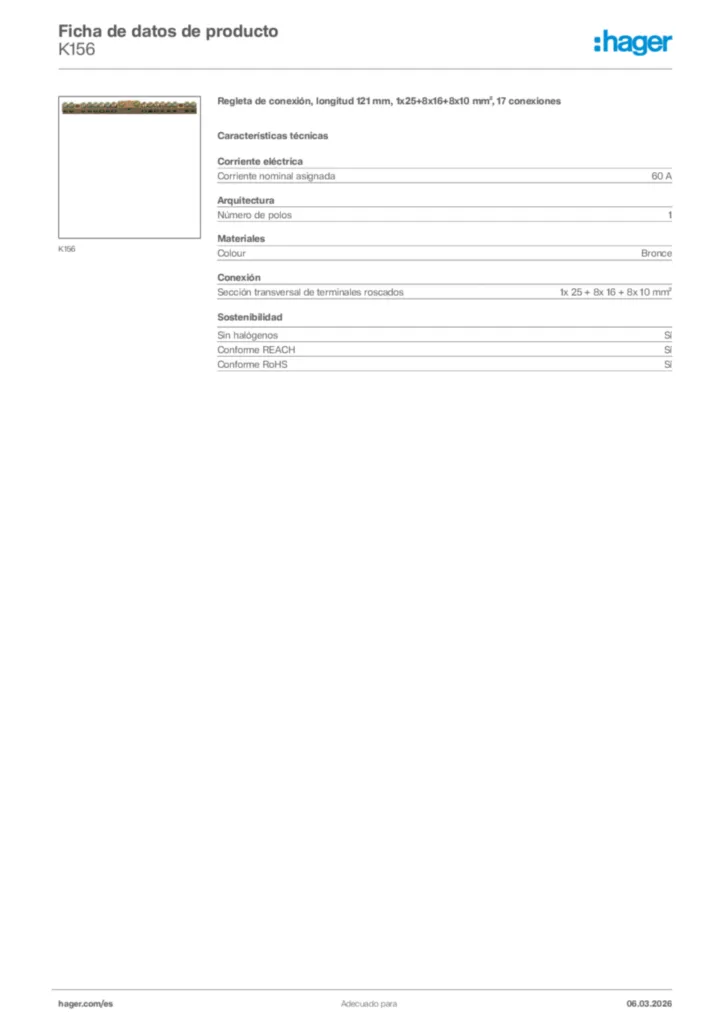 Imagen Hager Ficha de datos de producto K156 | Hager España