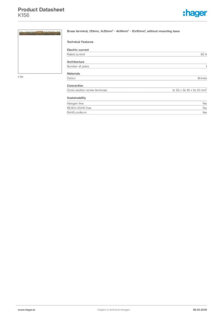 Image Hager Product data sheet K156  | Hager